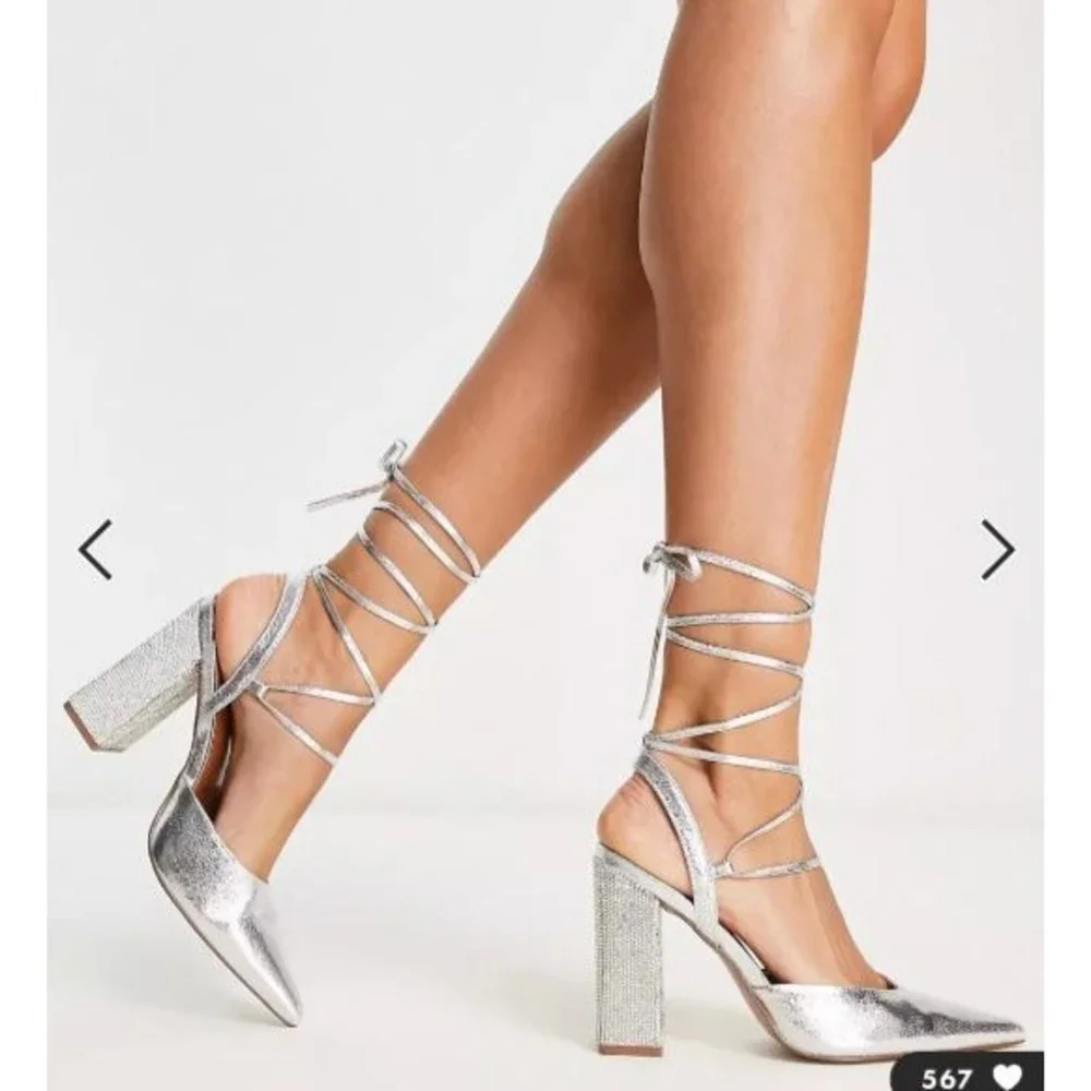 ASOS DESIGN Diamante embellished tie leg block heeled shoes in silver US 6